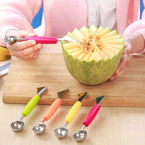 2 in1 Dual-head Stainless Steel Fruit Ball Carving Knife Fruit Scoop Melon Digger Fruit Jar Mashed Potato Baller Ice Cream Spoon