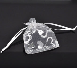 Organza Organza Jewelry Bags Drawable Rectangle White Heart Pattern 9cm x7cm(3 4/8" x2 6/8"), 4 PCs new